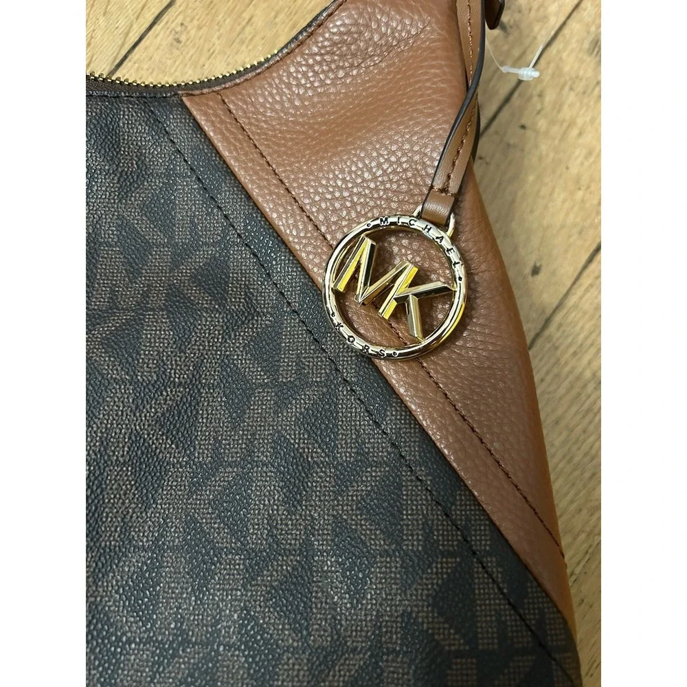 NWT Michael Kors Aria Large Shoulder Bag Signature Brown Luggage Gold Hardware